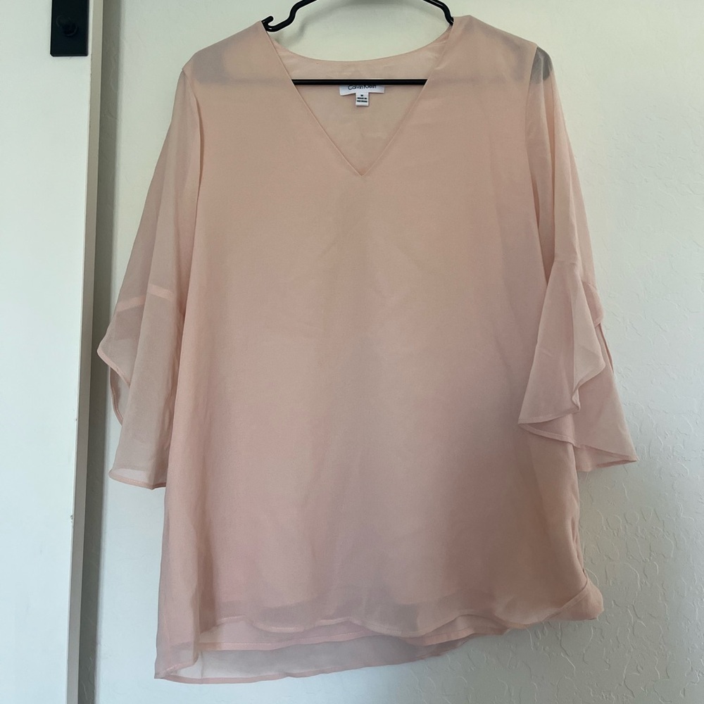 Calvin Klein Women’s Pink Chiffon Blouse Bell Sleeve V-neck Work Business Formal